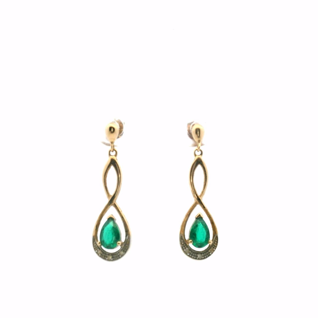 Estate 9ct Yellow Gold Biron Emerald & Diamond Drop Earrings