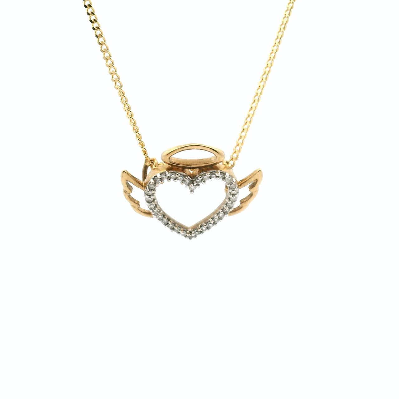 Estate 9ct Yellow Gold Diamond Heart Angel Wing Pendant