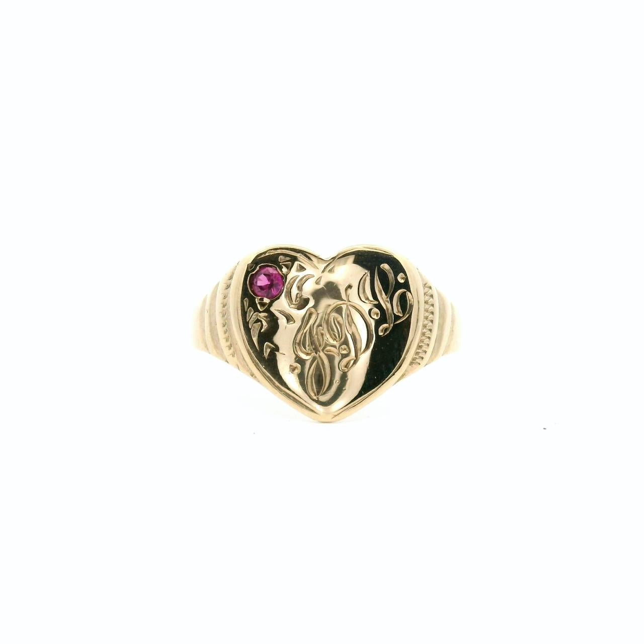 Estate 9ct Yellow Gold Ruby Heart Signet Ring