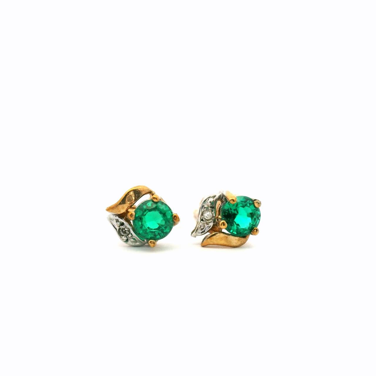 Estate 9ct Yellow Gold Biron Emerald & Diamond Stud Earrings