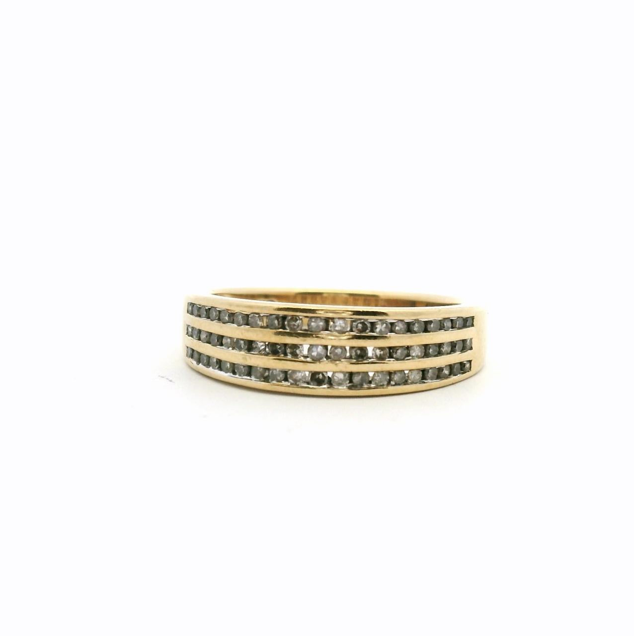 Estate 9ct Yellow Gold Triple Row Channel Set Diamond Ring