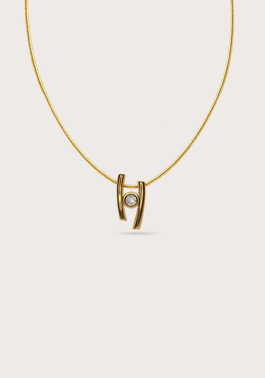 Estate 9ct Yellow Gold Double Bar Bezel Set CZ Slider Pendant on 9ct Yellow Gold Snake Chain