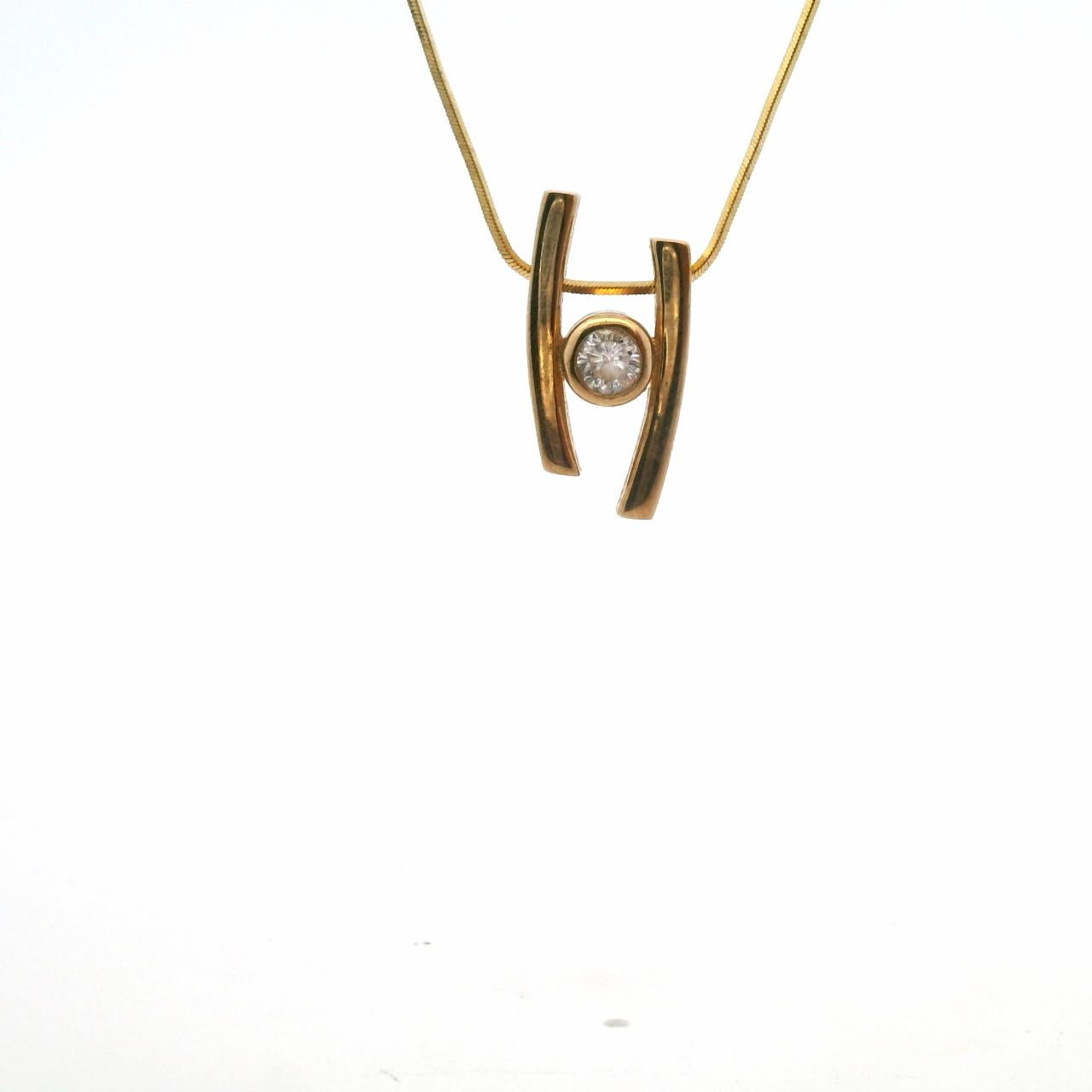 Estate 9ct Yellow Gold Double Bar Bezel Set CZ Slider Pendant on 9ct Yellow Gold Snake Chain