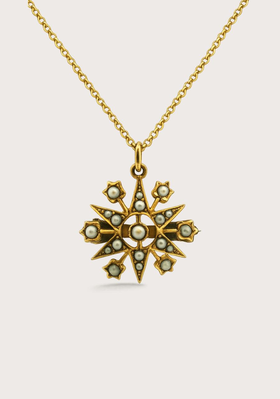 Estate 9ct Yellow Gold Seed Pearl Star Brooch Pendant with 9ct Yellow Gold Chain