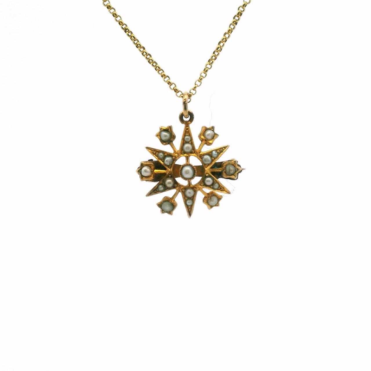 Estate 9ct Yellow Gold Seed Pearl Star Brooch Pendant with 9ct Yellow Gold Chain