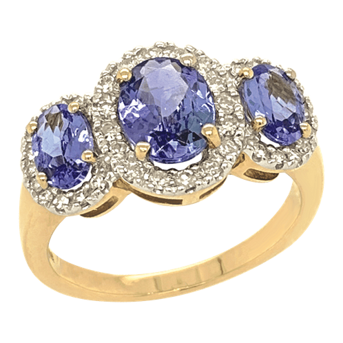 Tanzanite & Diamond Trilogy Halo Ring in 9ct Yellow Gold