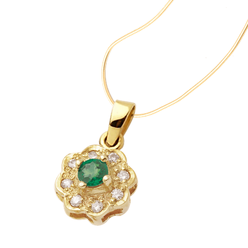 Emerald & Diamond Flower Pendant in 9ct Yellow Gold