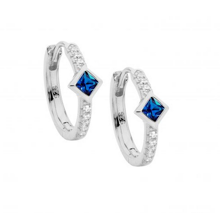 Ellani Sterling Silver CZ 16mm Hoop Earrings with Dark Blue Princess Cut Bezel Set CZ