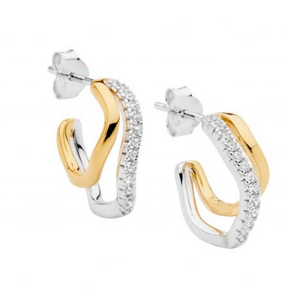 Ellani Gold Plated 16mm Double Wave Hoop Earrings with CZ