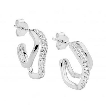 Ellani Sterling Silver 16mm Double Wave Hoop Earrings with CZ