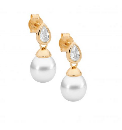 Ellani Gold Plated Freshwater Pearl Earrings with Bezel Set Pear CZ