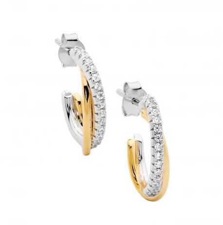 Ellani Gold Plated & Sterling Silver 18mm Cross Over Oval Hoop Earrings with Cubic Zirconia