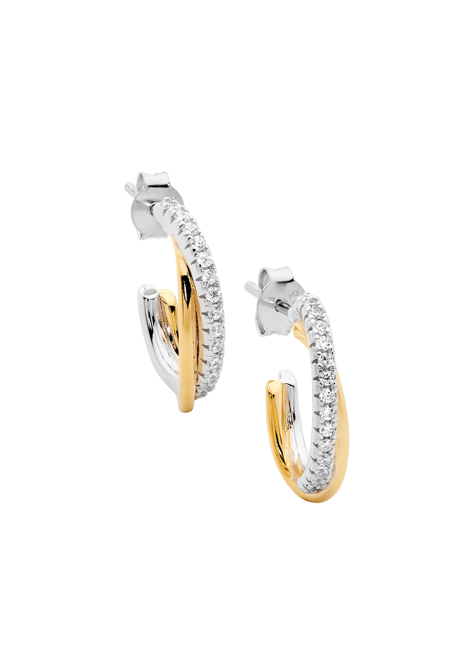Ellani Gold Plated & Sterling Silver 18mm Cross Over Oval Hoop Earrings with Cubic Zirconia