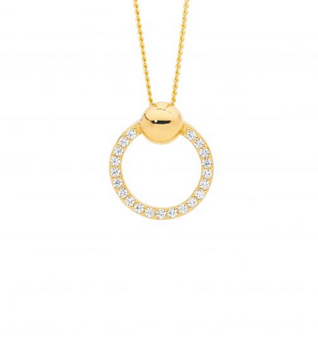 Ellani Gold Plated 13mm CZ Open Circle Pendant Necklace