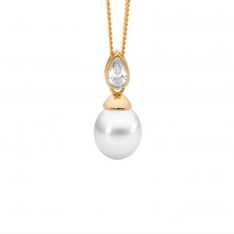 Ellani Gold Plated Freshwater Pearl Pendant with Bezel Set Pear CZ Pendant Necklace