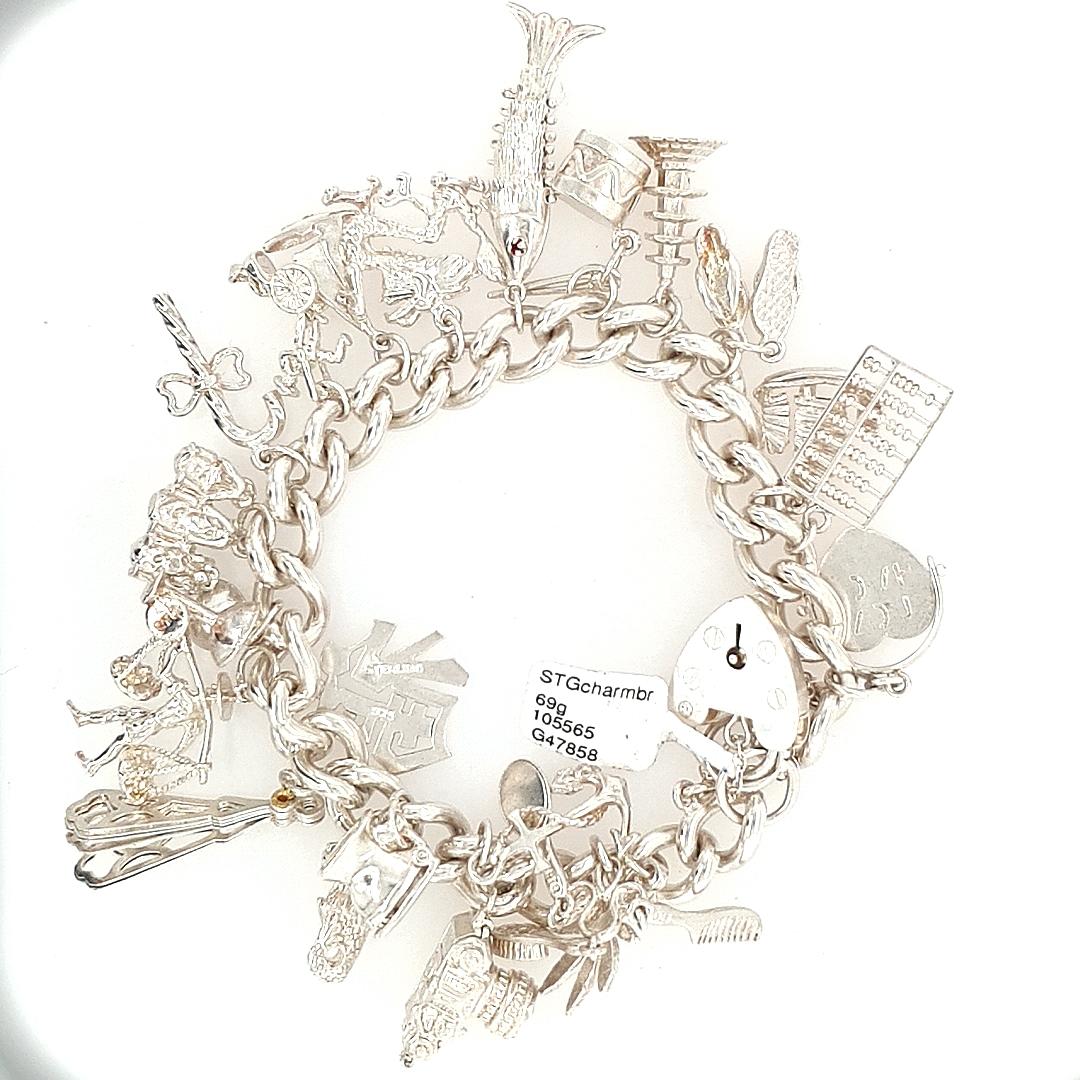 Estate Sterling Silver Full Charm Bracelet with Safety Chain