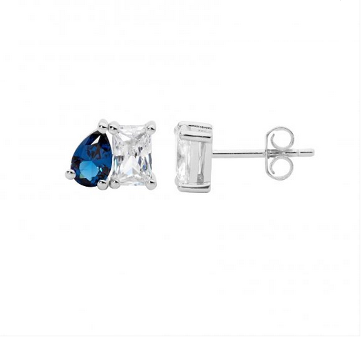 Ellani Sterling Silver Emerald Cut & London Blue Pear Cut CZ Stud Earrings