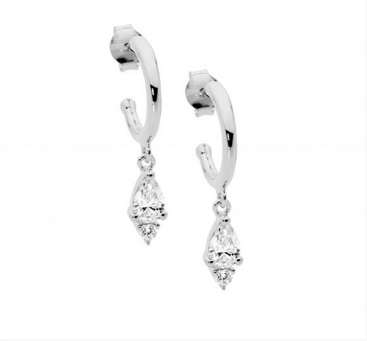 Ellani Sterling Silver 13mm Hoop Earrings with CZ Drop