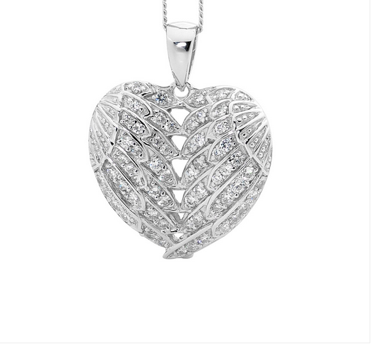 Ellani Sterling Silver CZ Heart Shaped Double Wing Pendant