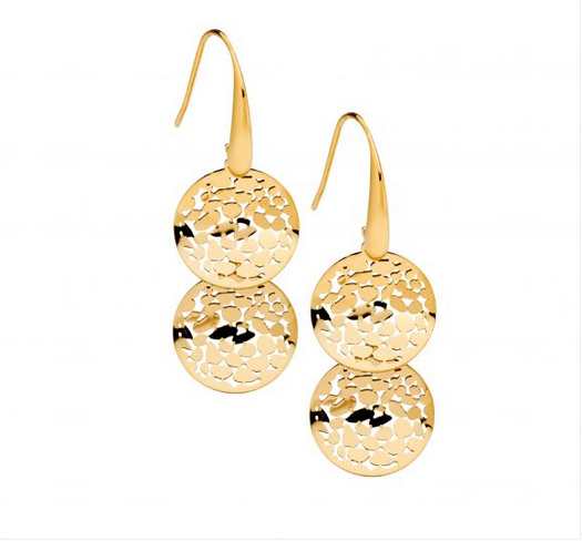Ellani Stainless Steel Gold Plated Wave Double Disc Hook Earrings