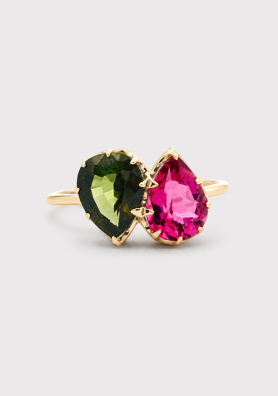 Green & Pink Tourmaline 9ct Yellow Gold Two Stone Ring