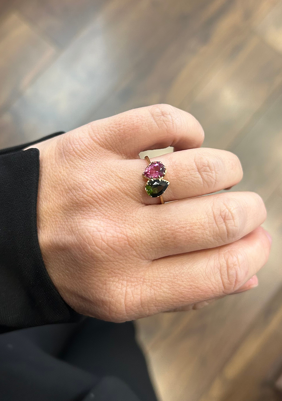 Green & Pink Tourmaline 9ct Yellow Gold Two Stone Ring