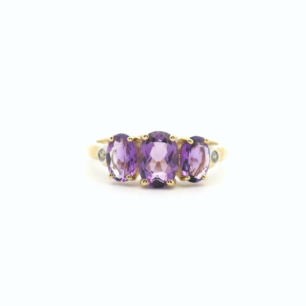 Amethyst & Diamond 9ct Yellow Gold and Diamond Oval Three Stone Ring