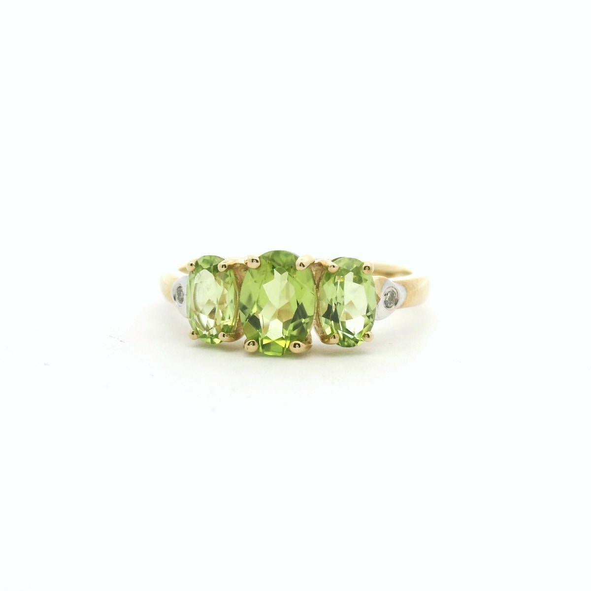 Peridot 9ct Yellow Gold and Diamond Oval Three Stone Ring