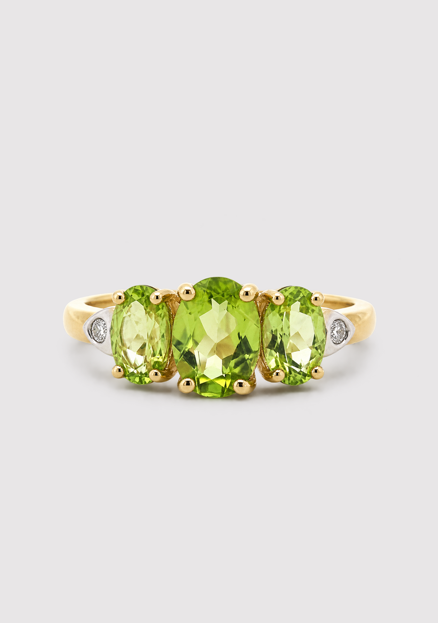 Peridot 9ct Yellow Gold and Diamond Oval Three Stone Ring