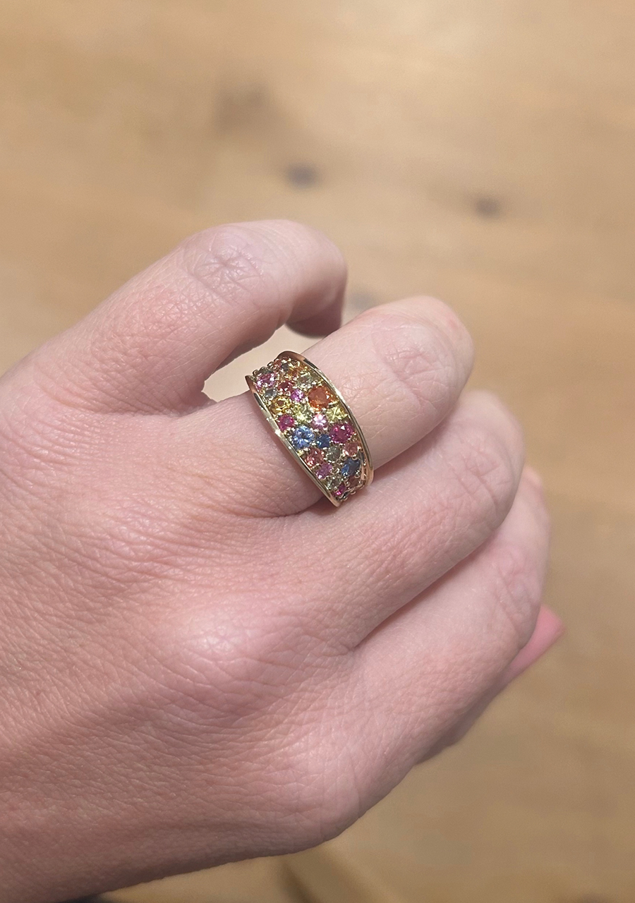 Multi Coloured Sapphire 9ct Yellow Gold Wide Concave Dress Ring