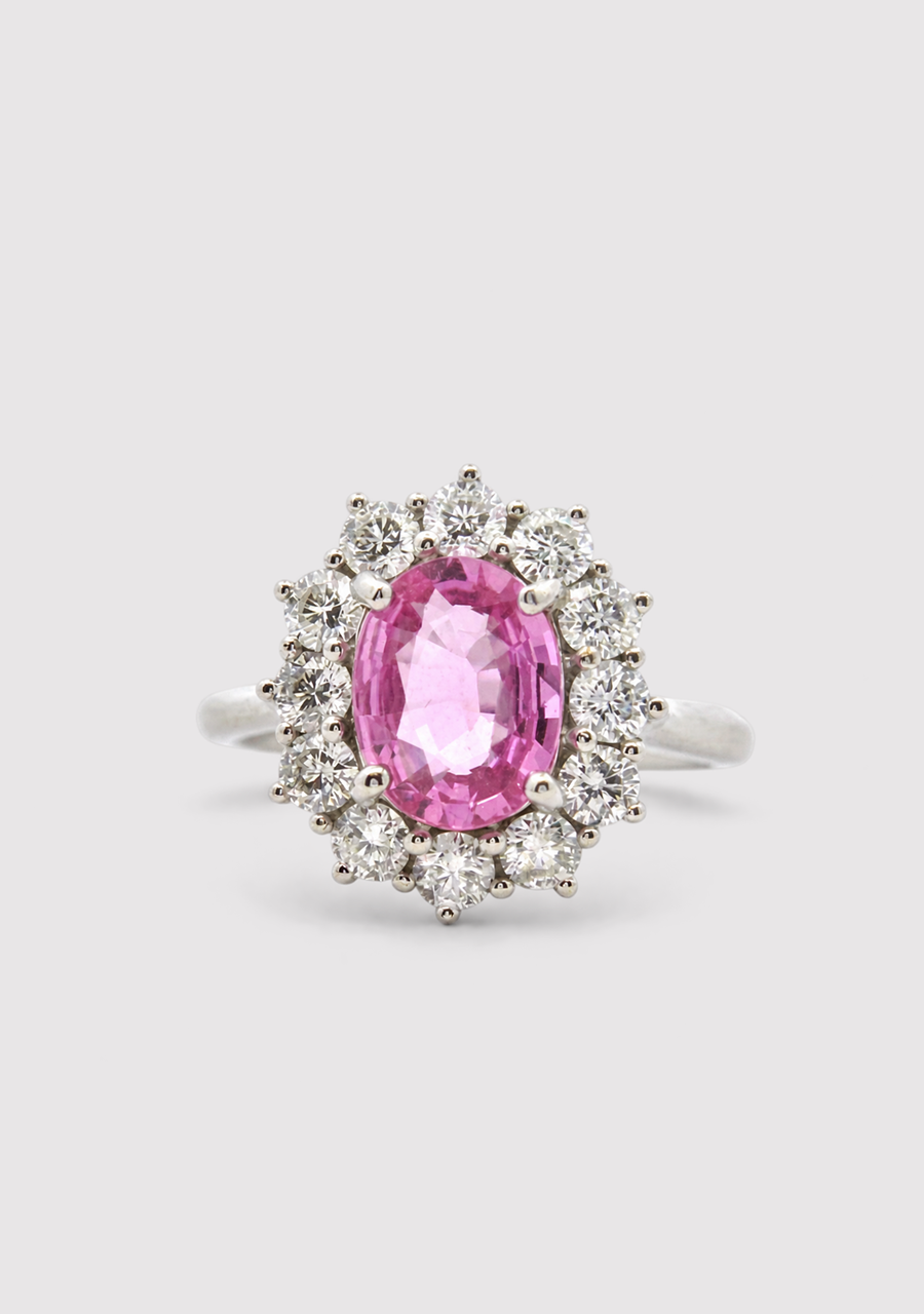 18ct white Gold Pink Ceylonese Sapphire and Diamond Oval Cluster Ring