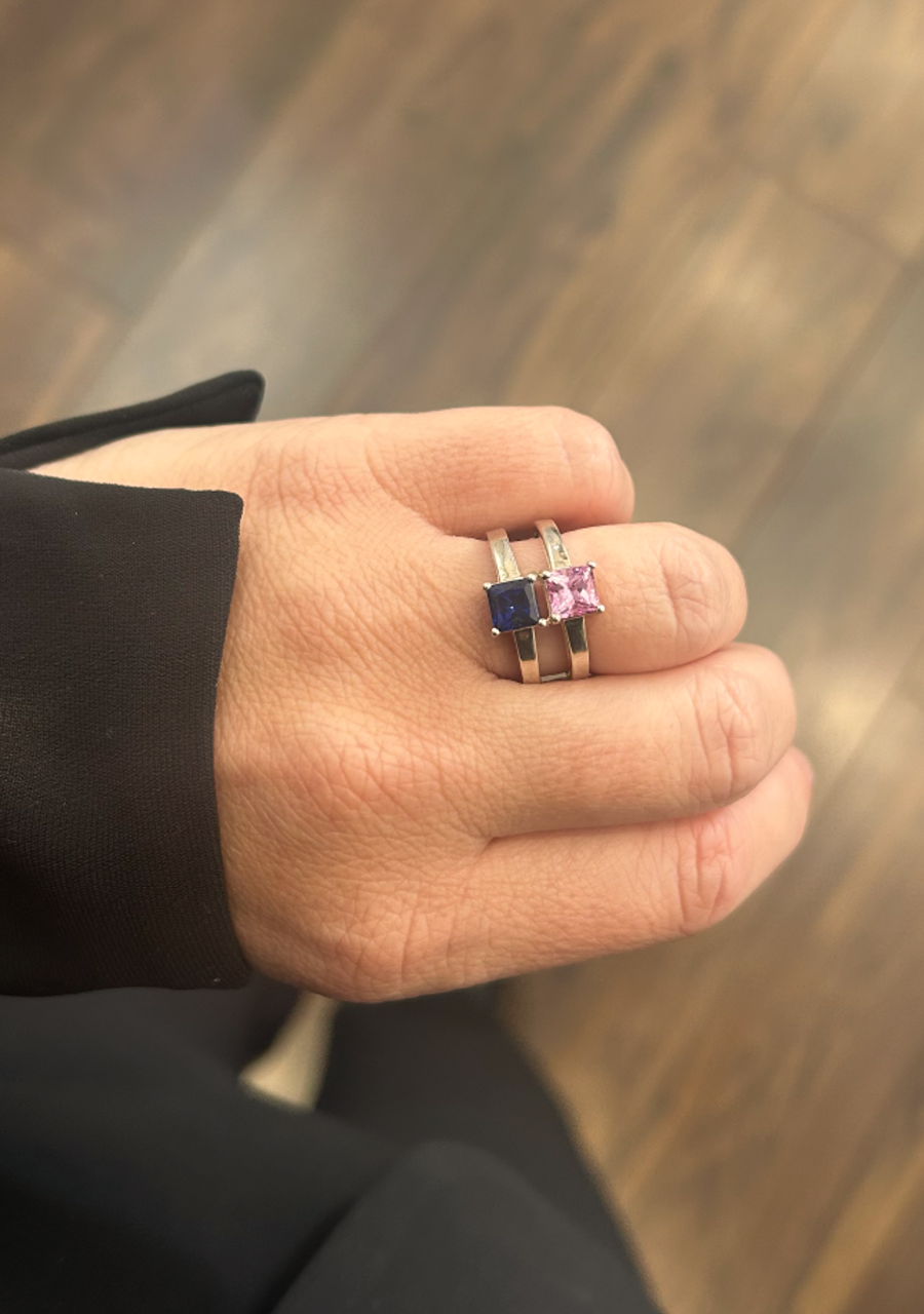 Sterling Silver Split Band Blue & Pink CZ Ring