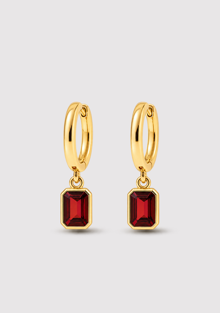 9ct Yellow Gold Garnet Drop Huggie Earrings