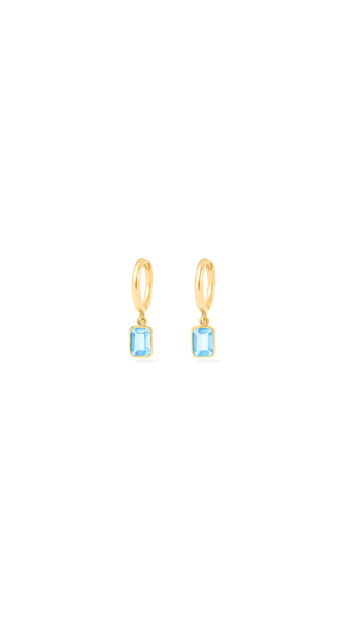 9ct Yellow Gold Blue Topaz Drop Huggie Earrings