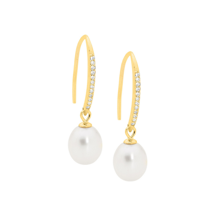 Ellani Gold Plated Shepherds Hook Freshwater Pearl Drop Earrings