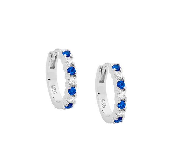 Ellani Sterling Silver 14mm Hoop Earrings with White & Dark Blue CZ