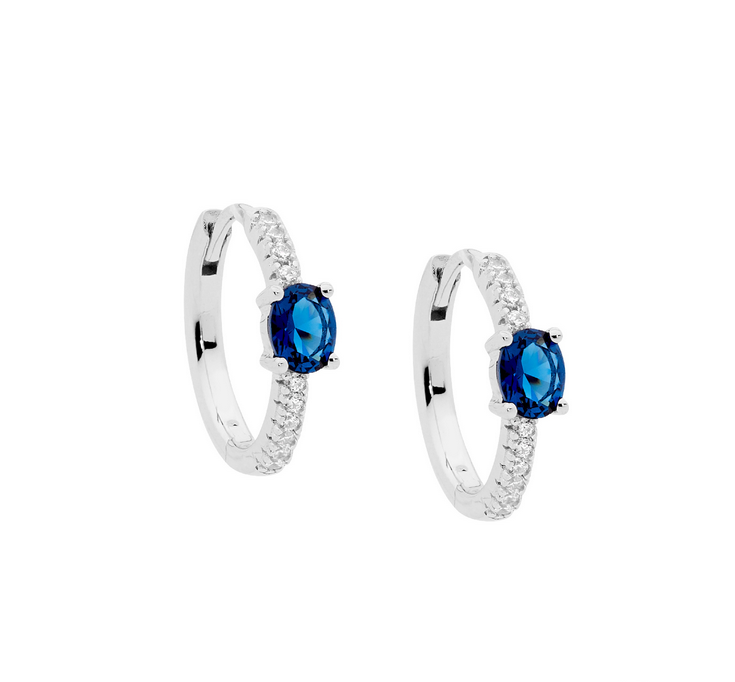 Ellani Sterling Silver 16mm Hoop Earrings with Blue Oval CZ