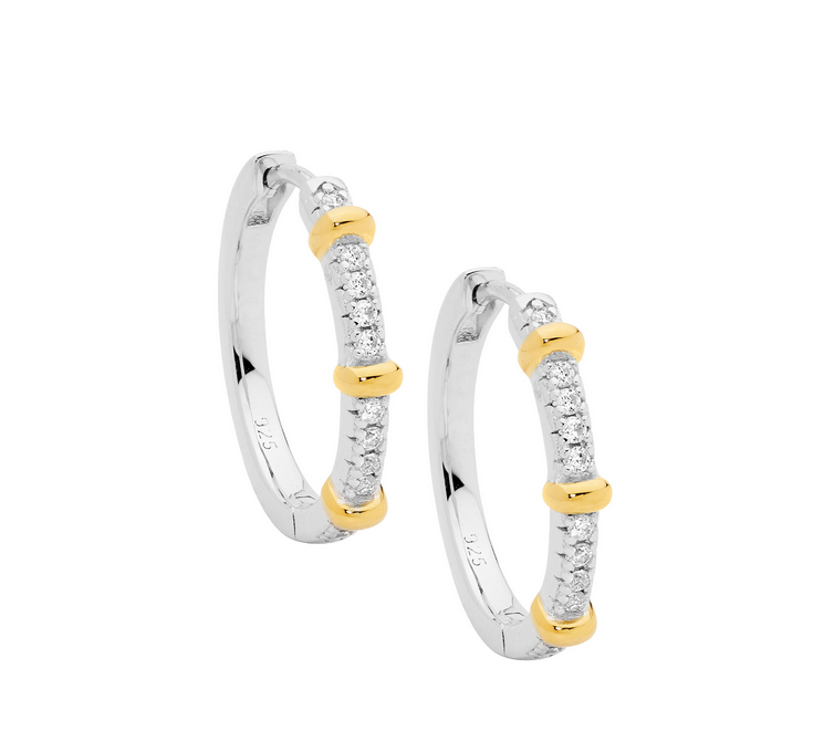 Ellani Sterling Silver & Gold Plated 19mm CZ Hoop Earrings