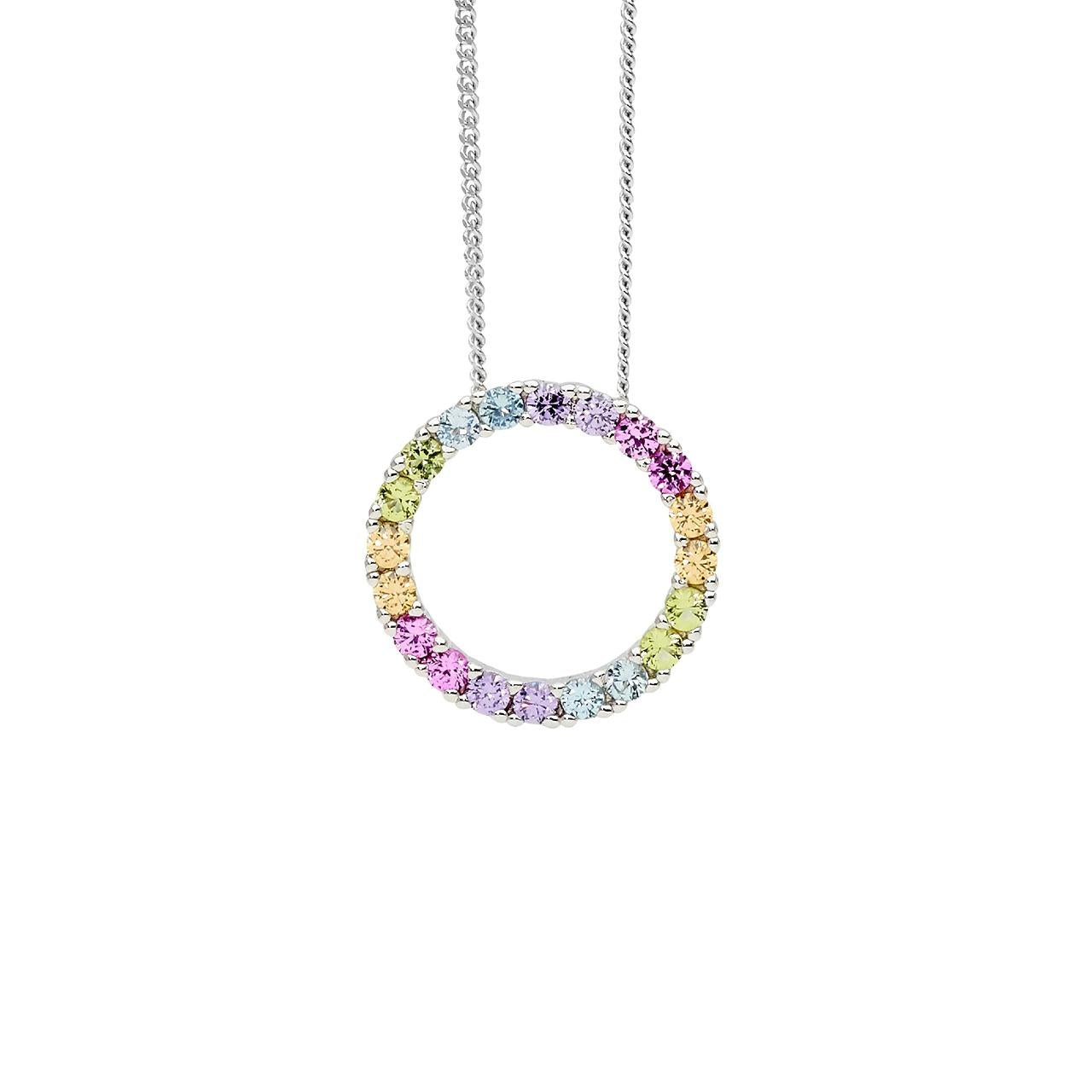 Ellani Sterling Silver Pastel Multi Coloured CZ 16mm Open Circle Pendant