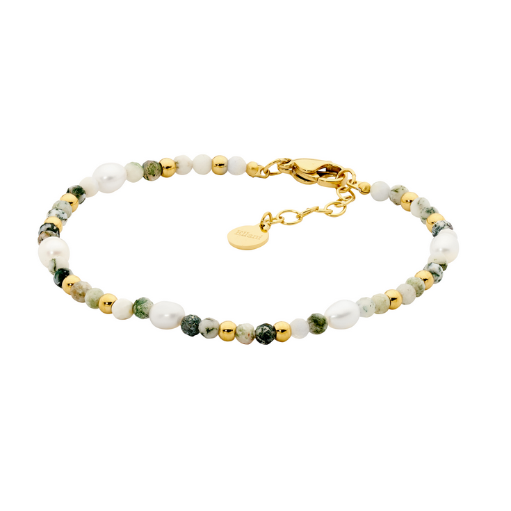 Ellani Stainless Steel Gold Plated Tree Agate & Freshwater Pearl Bracelet
