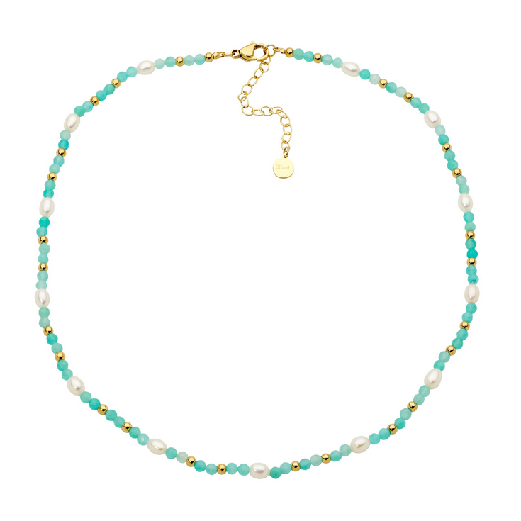 Ellani Stainless Steel Gold Plated Amazonite & Freshwater Pearl Necklace