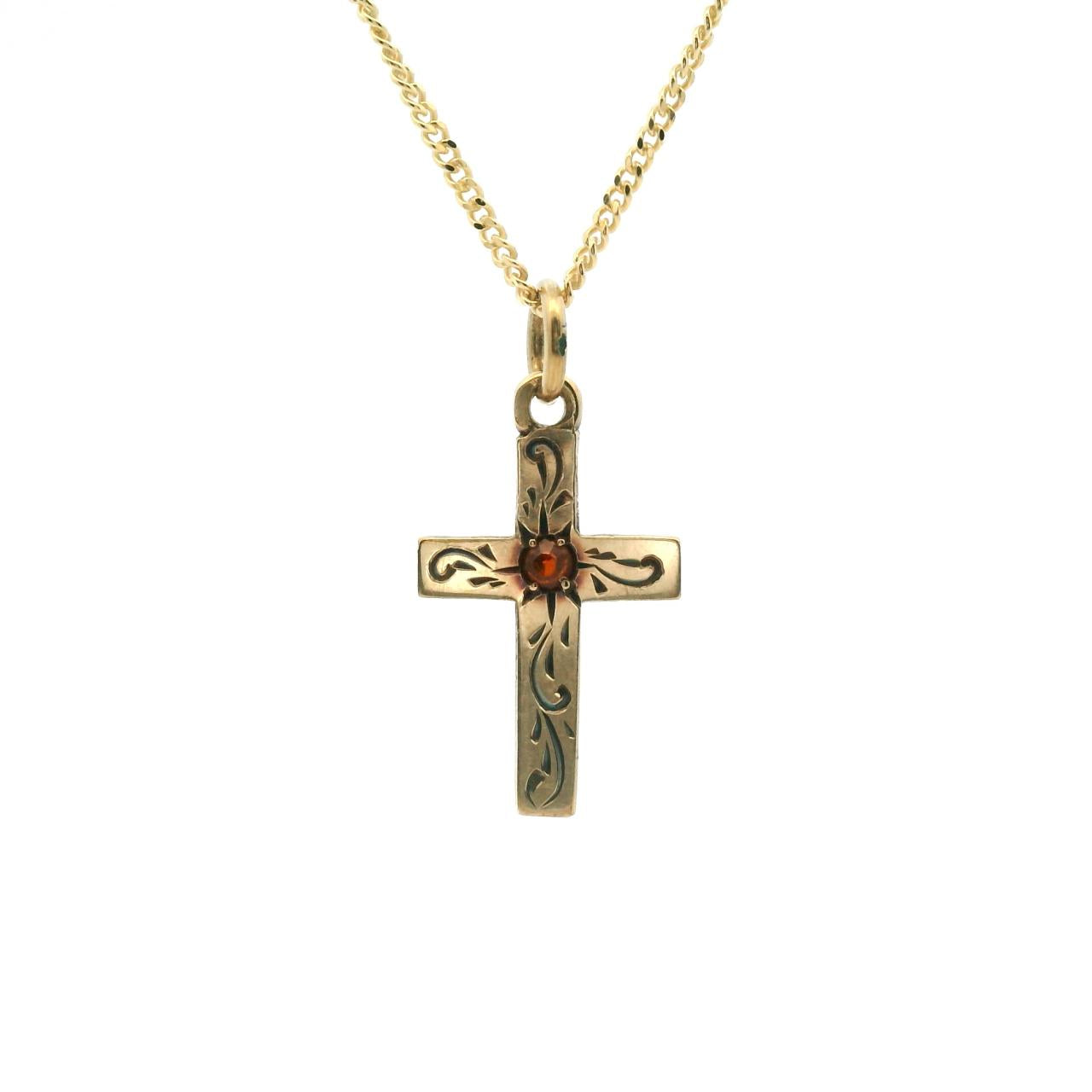Estate 9ct Yellow Gold Garnet Engraved Cross Pendant