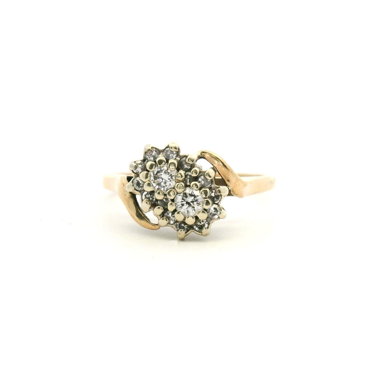 Estate 9ct Yellow Gold Diamond Double Cluster Curved Ring