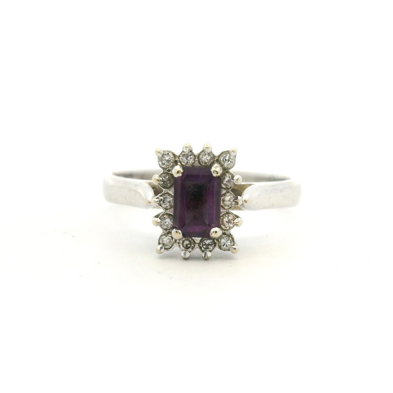 Estate 9ct White Gold Amethyst & Diamond Cluster Ring