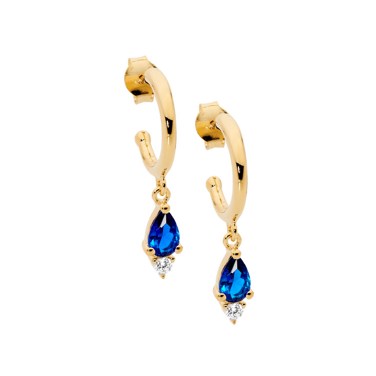 Ellani Gold Plated 13mm Hoop Earrings with Dark Blue Pear & White Round CZ Drops