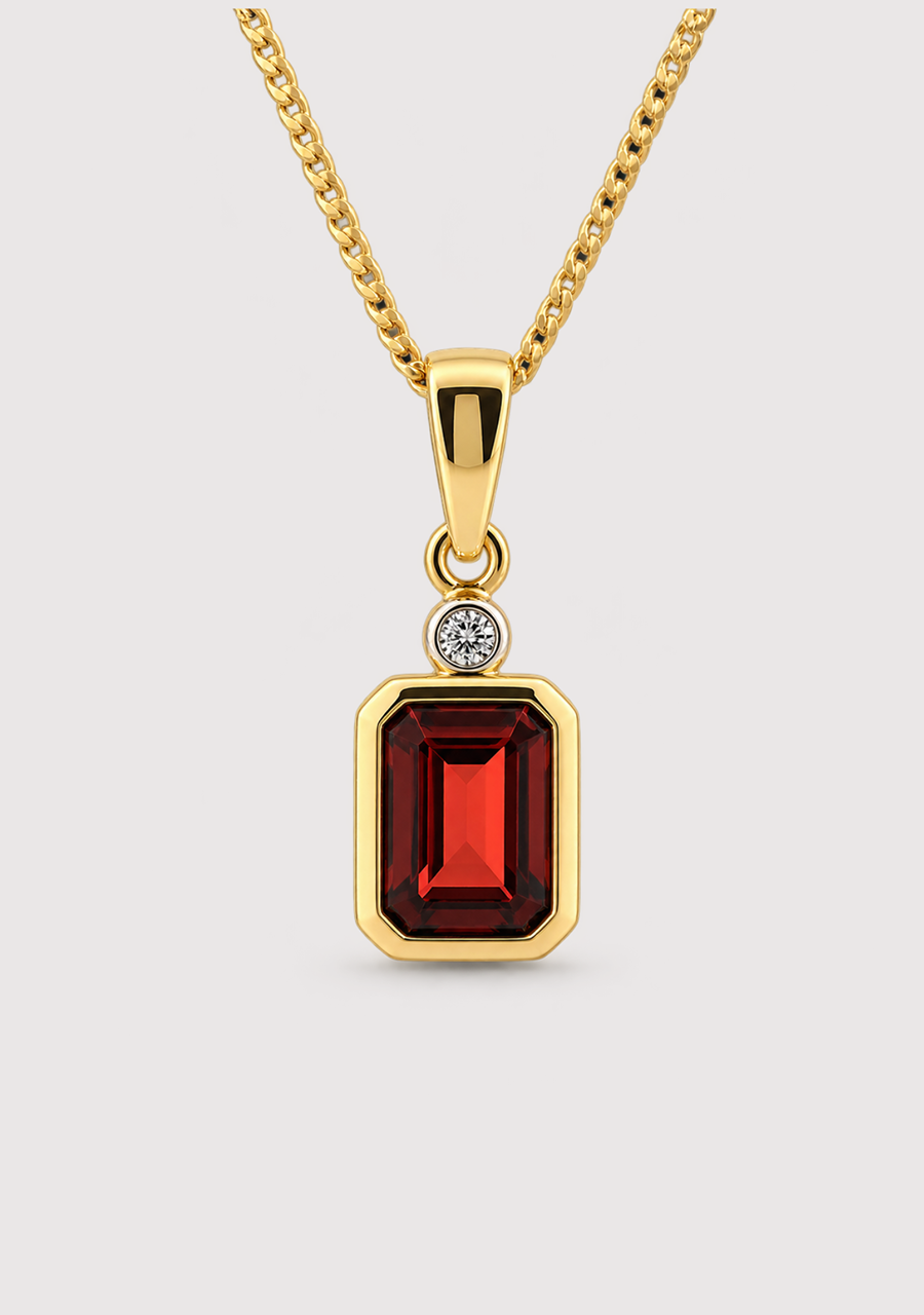 Garnet & Diamond 9ct Yellow Gold Bezel Set Pendant