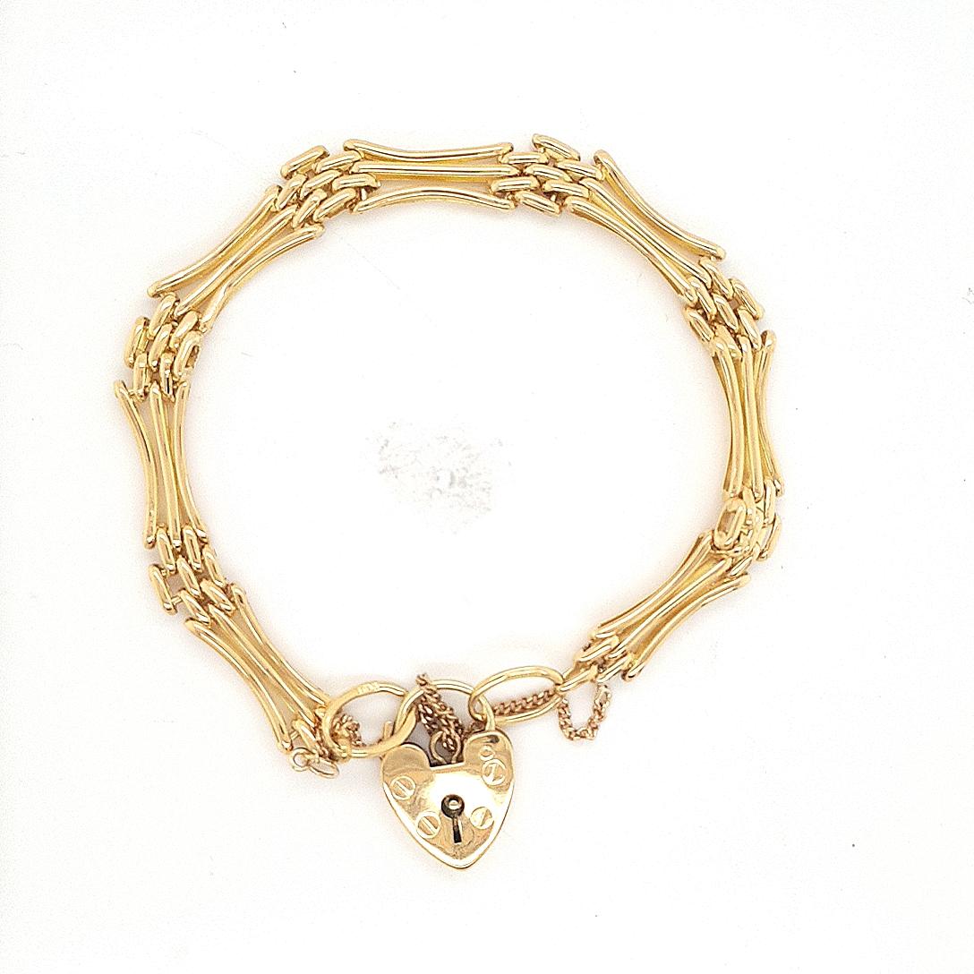Estate 18ct Yellow Gold Gate Bracelet with Heart Padlock & Safety Chain