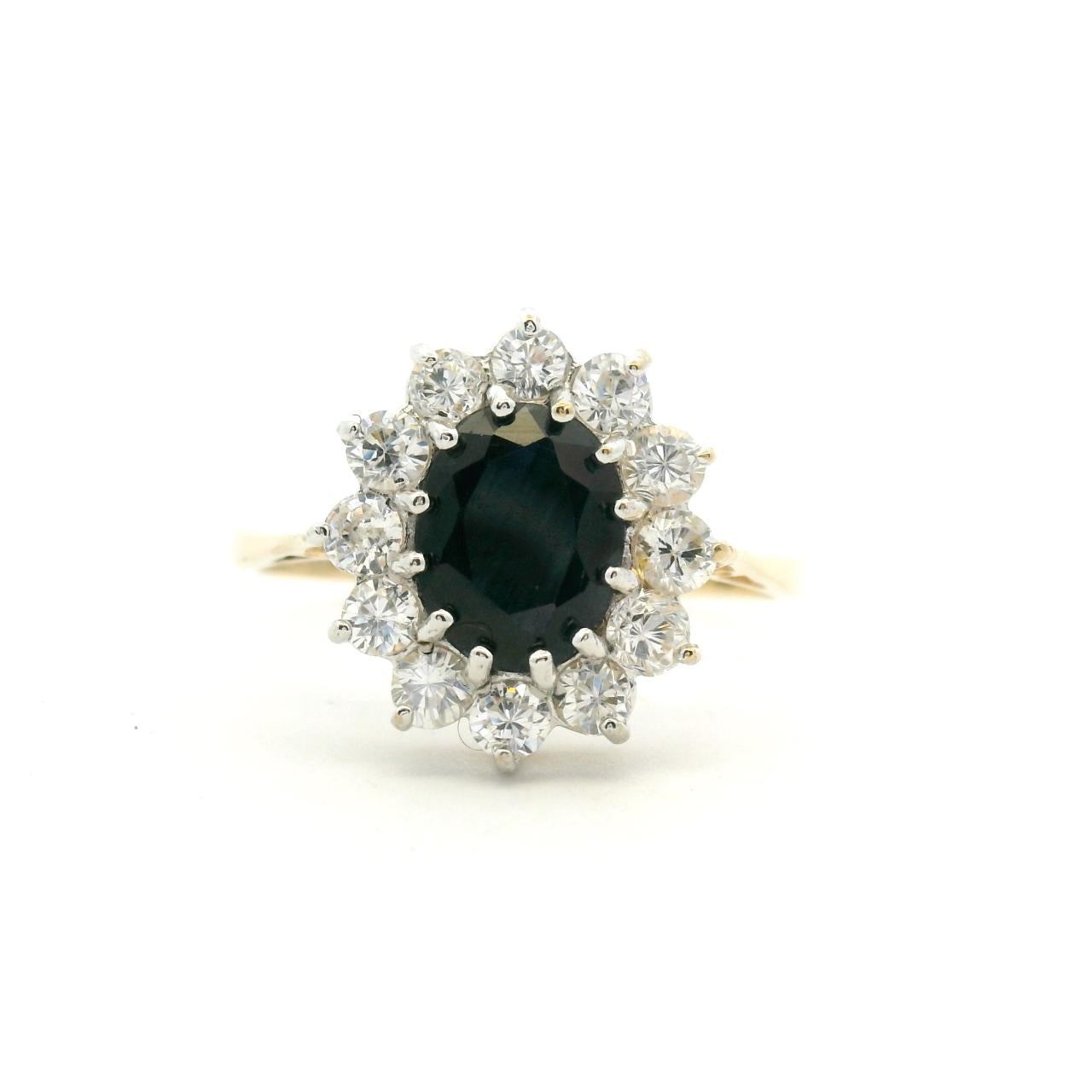 Estate 9ct Yellow Gold Sapphire and Cubic Zirconia Flower Cluster Ring