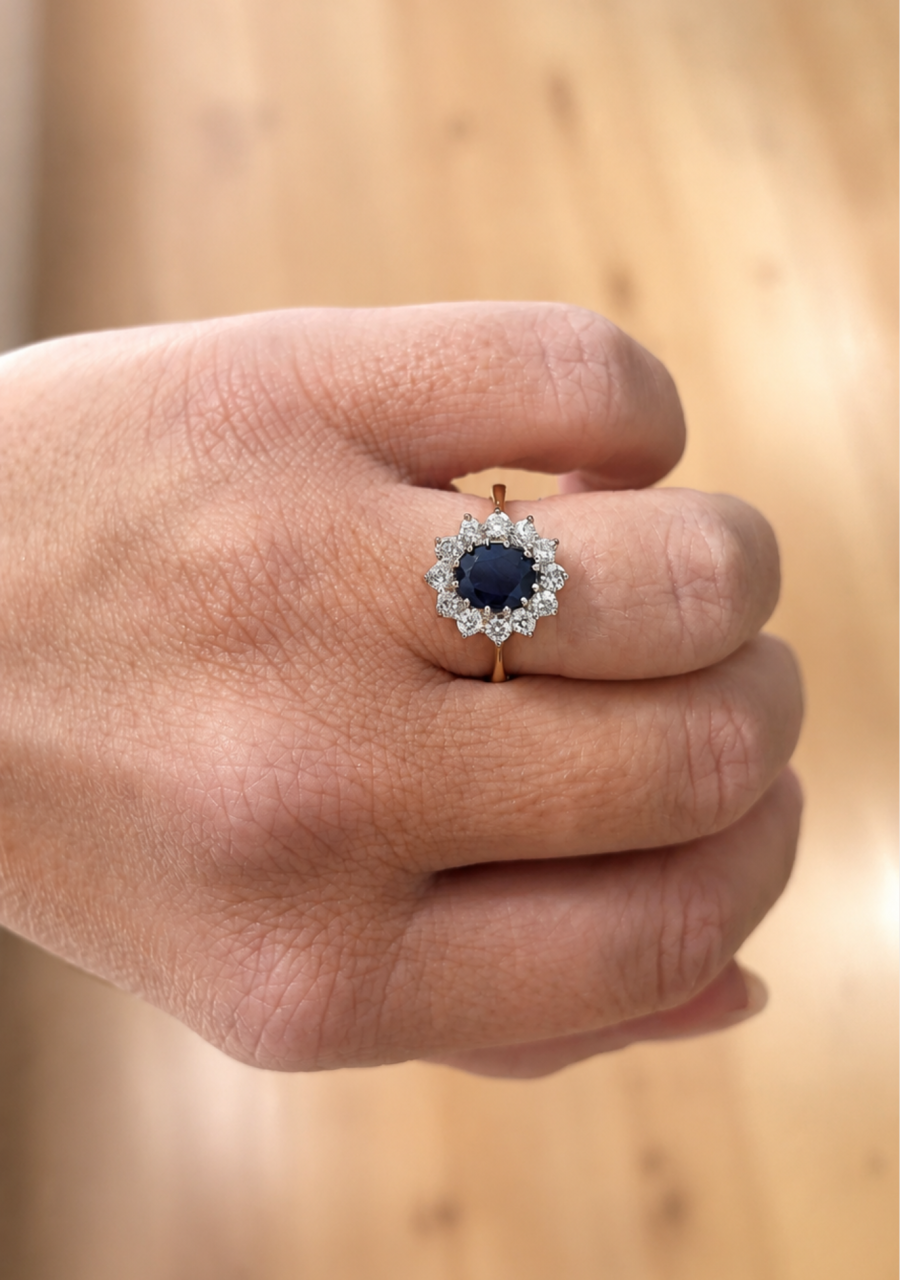 Estate 9ct Yellow Gold Sapphire and Cubic Zirconia Flower Cluster Ring