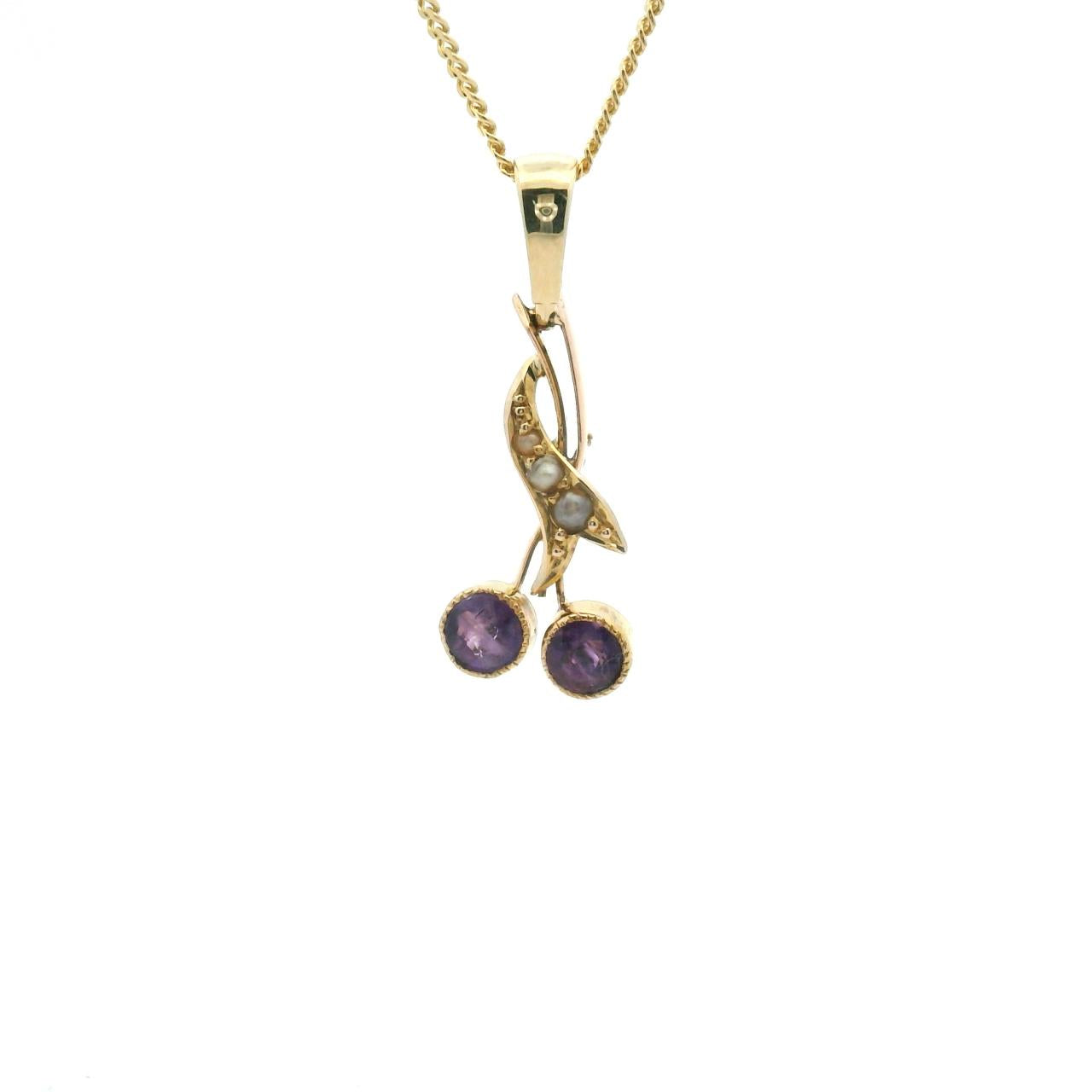 Estate 9ct Yellow Gold Amethyst & Seed Pearl Pendant